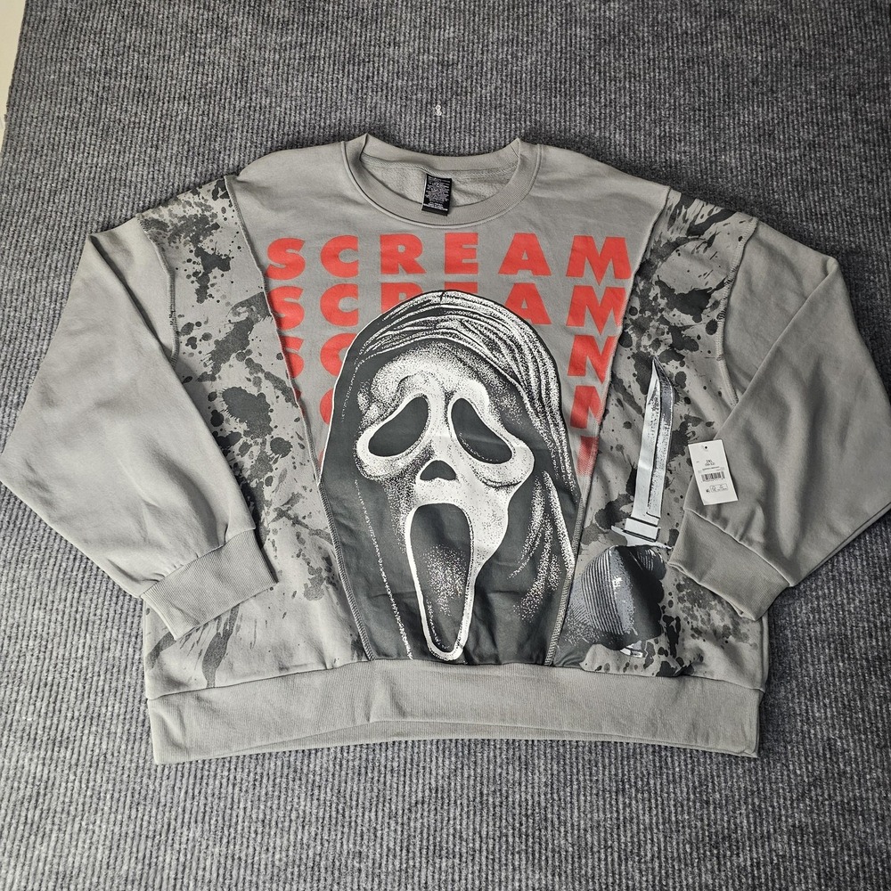 Ghostface Sweatshirt Mens 2XL Gray Scream Graphic‎ Fleece Pullover Halloween